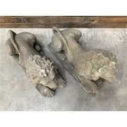 Pair of large cast stone Langport recumbent garden lions, rectangular plinth base