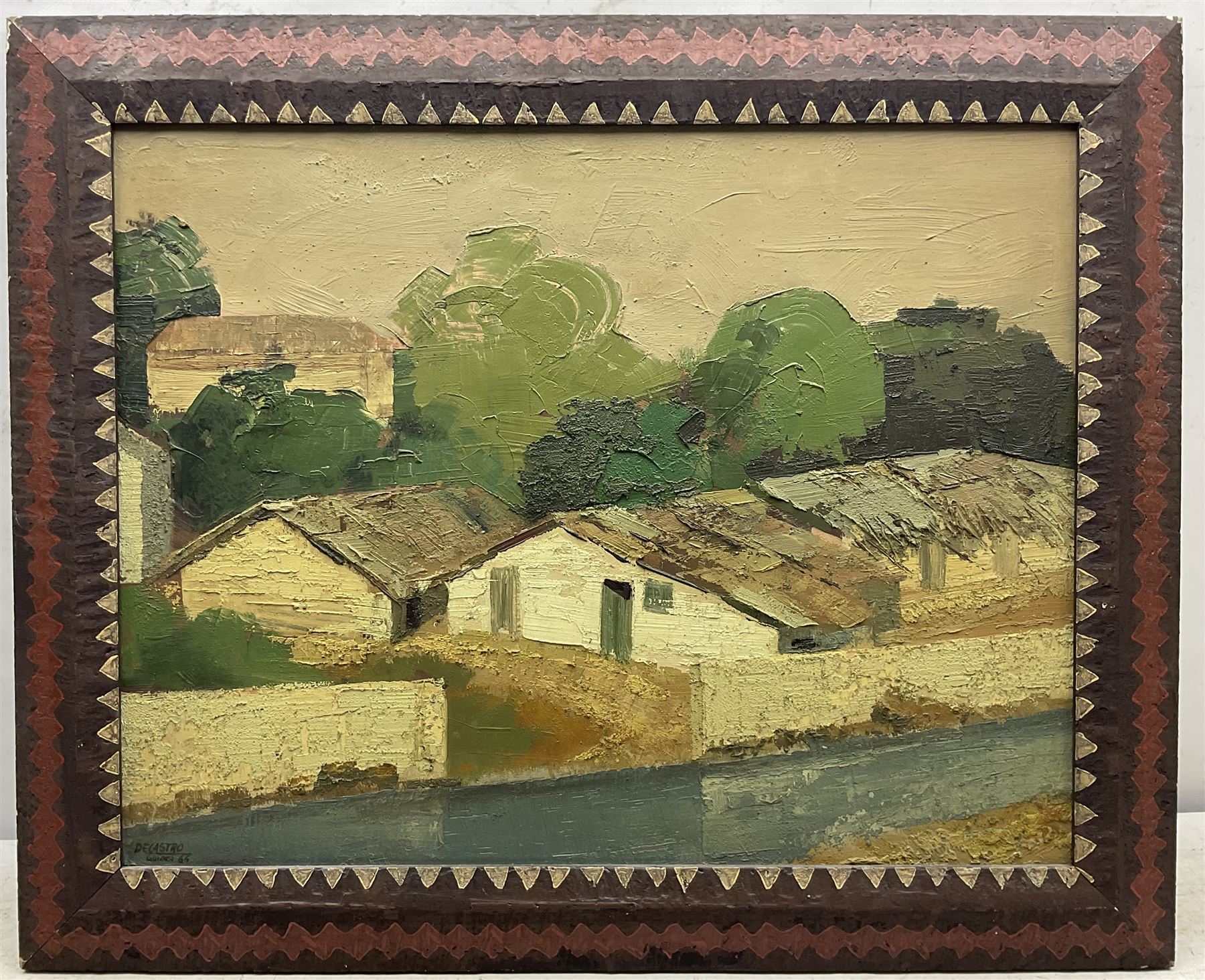 Decastro (Spanish 20th century): Houses at 'Toledo', impasto oil on board signed, titled and dated '49 verso 48cm x 62cm