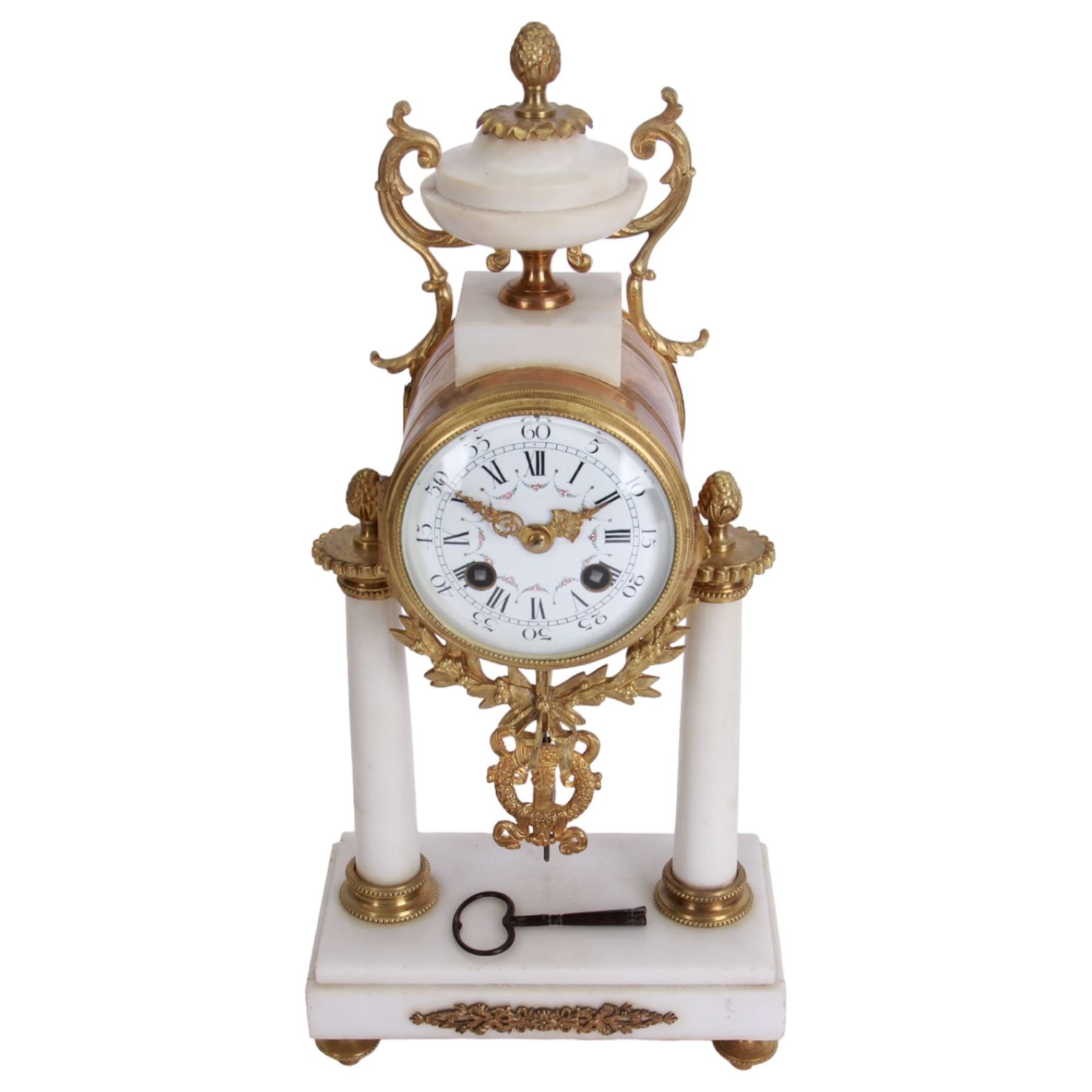 French - Louis XV style white marble and gilt mounted 8-day portico clock garniture c1905, drum movement surmounted by an oval shaped urn, supported on a pair of tapered column supports and raised on a rectangular plinth base, white enamel dial with floral garlands and Arabic numerals, Louis XV style gilt hands within a glazed bezel, twin train countwheel striking movement, striking the hours and half hours on a bell, with a pair of conforming three light candelabra, decorative matching pendulum and key.