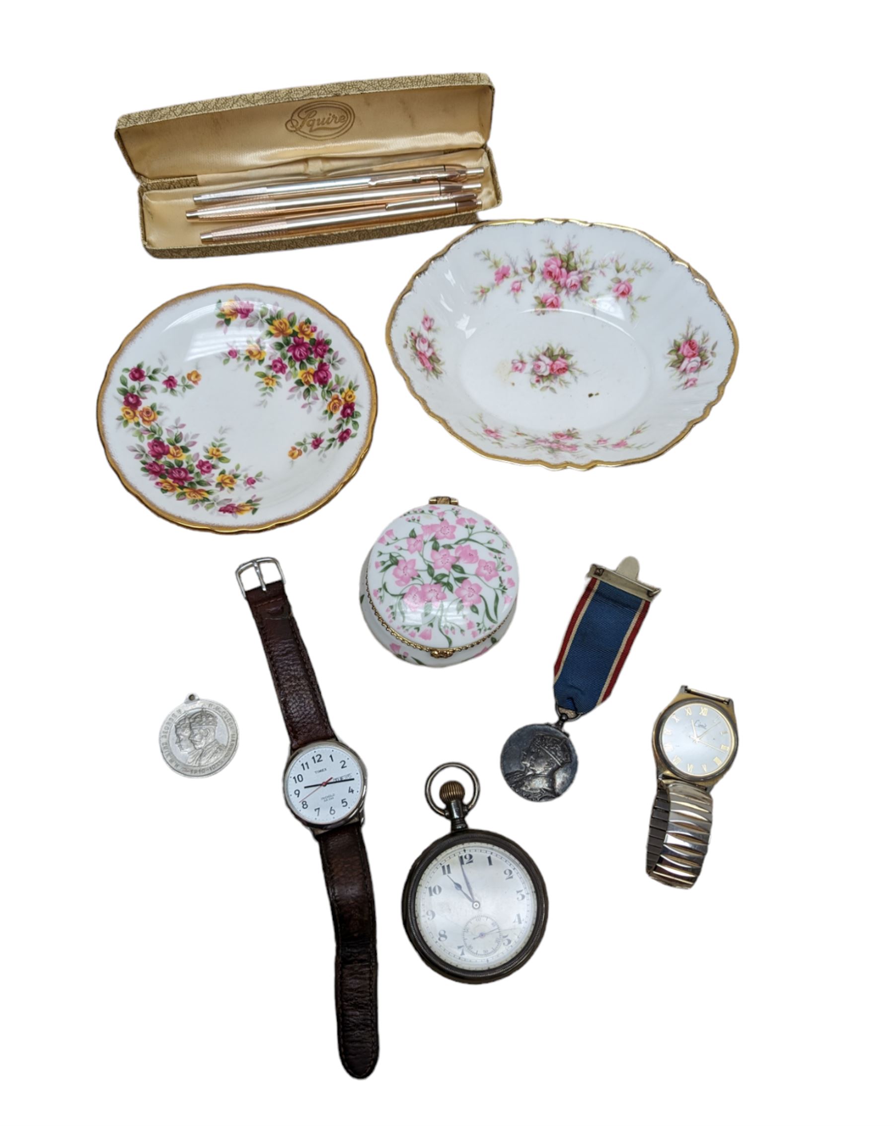 Early 20th century silver lever pocket by Stockwell & Co, London import mark 1919, together with a Timex wristwatch and a Limit wristwatch, 1937 Coronation medal and ceramic trinket dishes/box