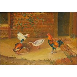 English Naive School (Early 20th century): Chickens and Fowl in the Farmyard, oil on canvas signed 'W Hunt' 21cm x 29cm