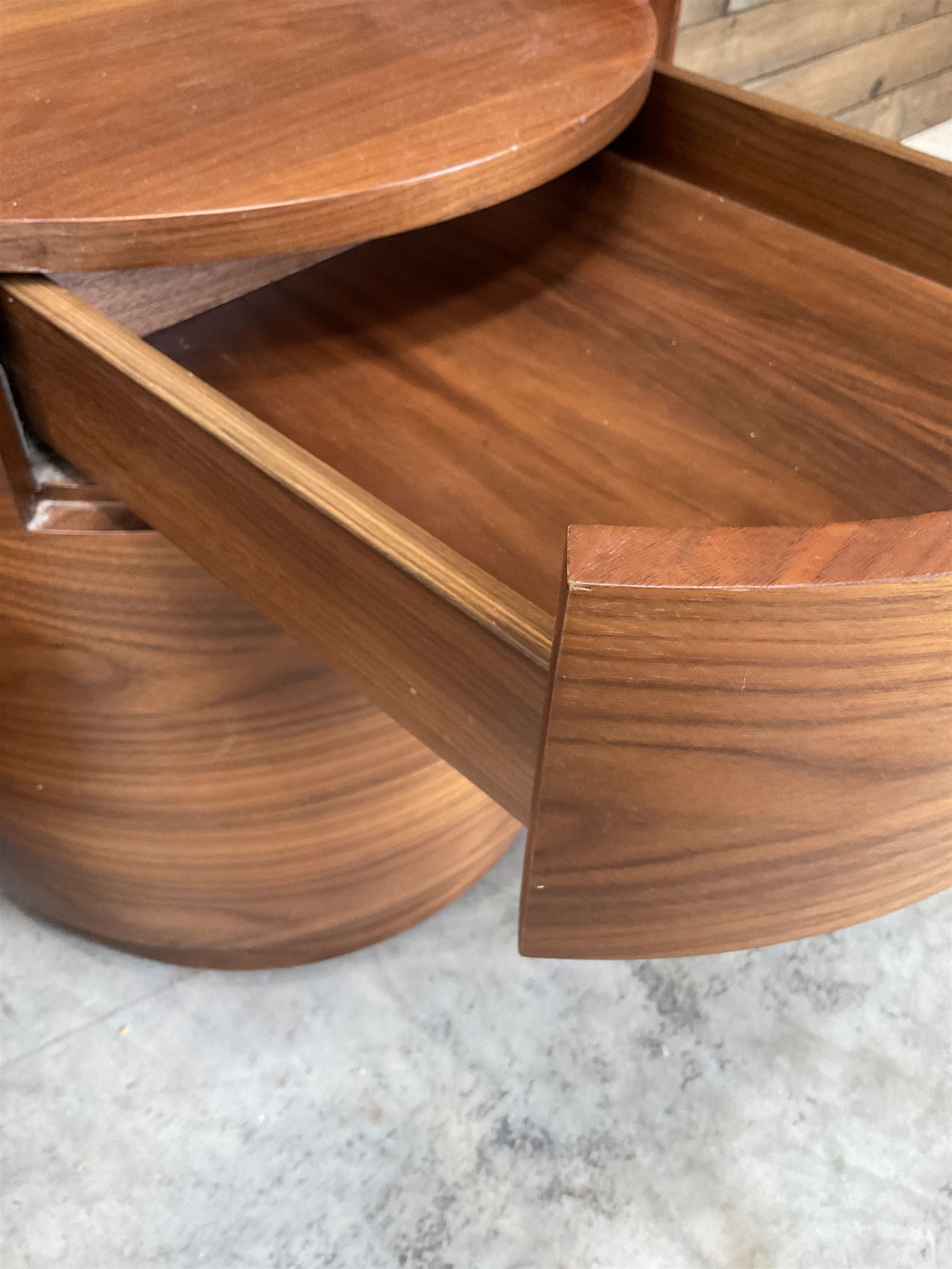 Pair of walnut circular barrel shaped lamp tables, fitted with single drawer