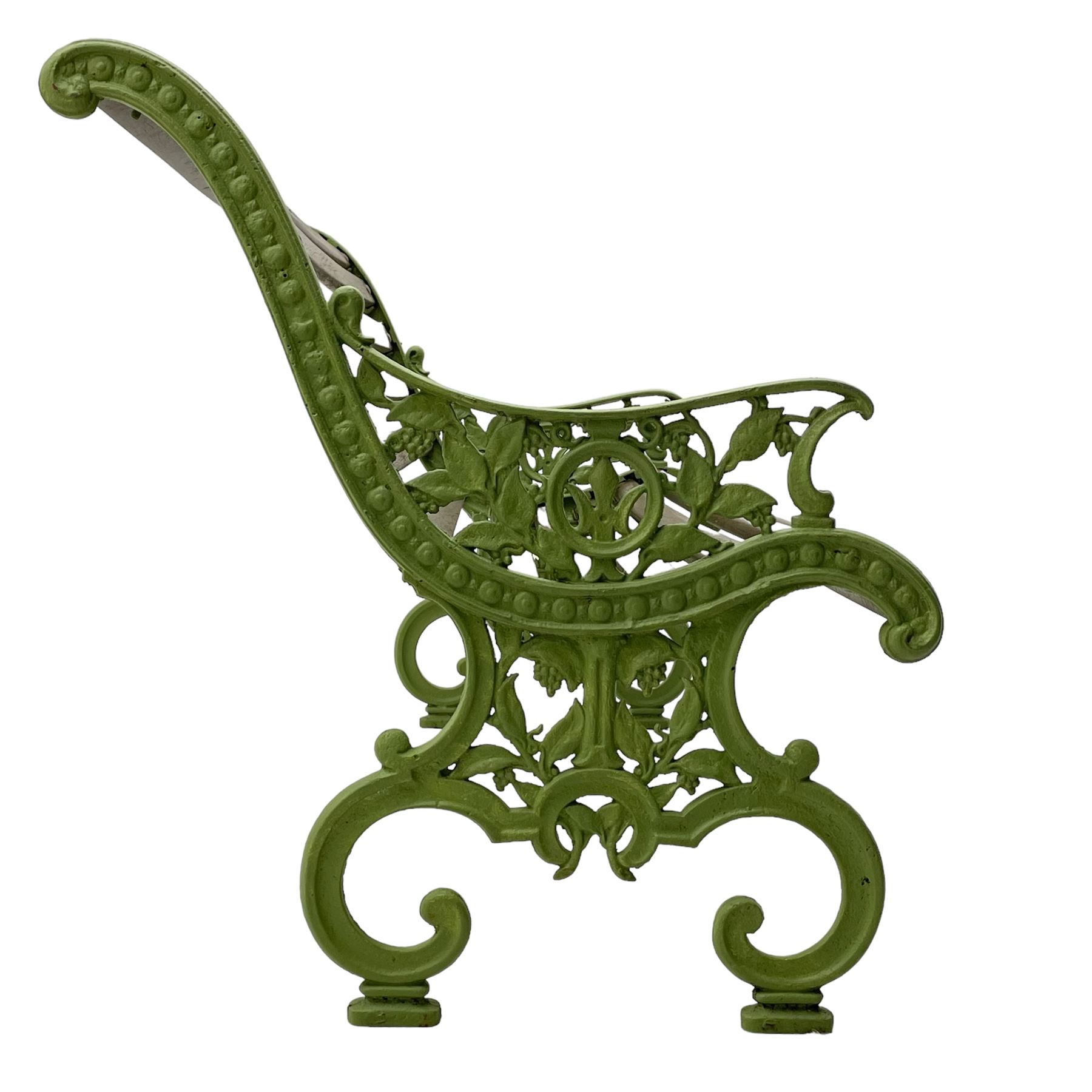 20th century cast iron and wood slatted 'Lilly of the Valley' garden bench, cast iron bench ends of scrolled form decorated with trailing foliage and flower heads, on scrolled supports 