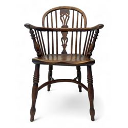 19th century yew wood and elm Windsor armchair, low double hoop stick and pierced splat back, dished seat on turned supports united by crinoline stretchers