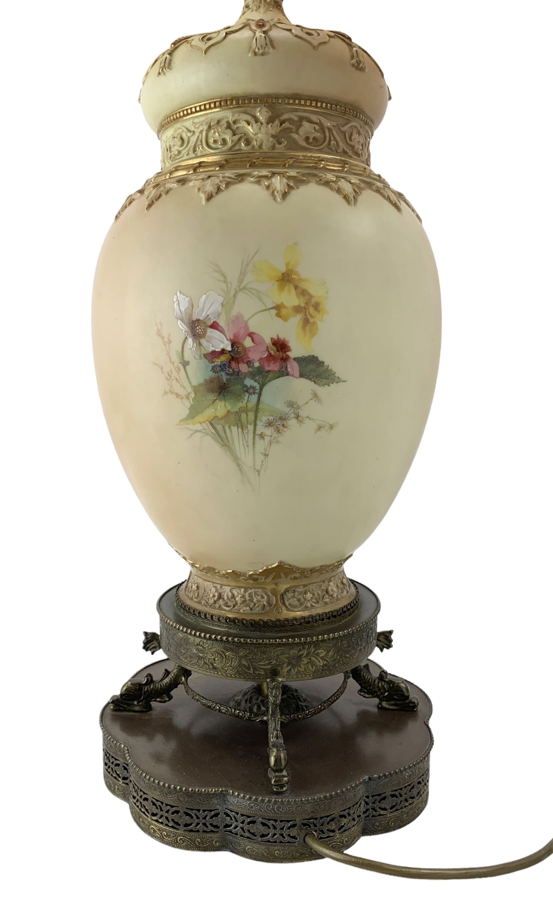 Early 20th century Royal Worcester pot pourri vase and cover, converted to a table lamp, the body painted with sprays of flowers, above a pierced spire cover and relief moulded borders, mounted upon a circular brass plinth, supported by four dolphin feet and a lobed pierced and beaded platform base, vase shape no. 2048, H39cm, overall including shade 83cm 