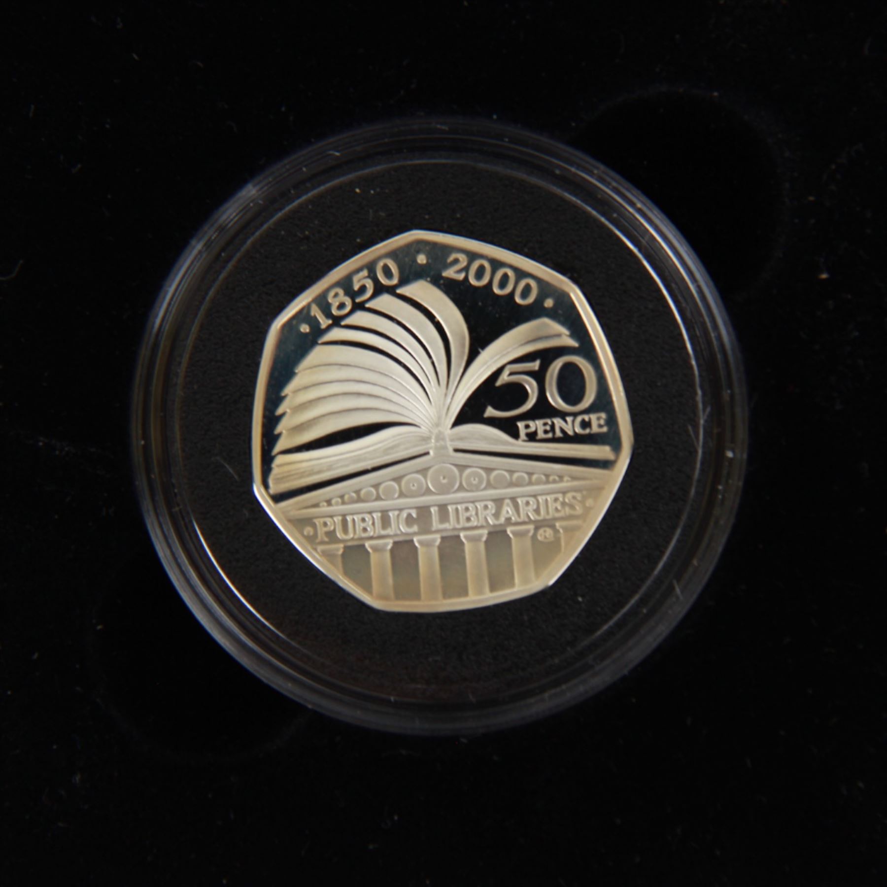 Seven The Royal Mint United Kingdom silver proof fifty pence coins, comprising 1994 'D-Day', 1997 piedfort, 2000 '150 Years of Public Libraries' piedfort, 2004 '50th Anniversary of the four-minute mile', 2004 '50th Anniversary of the four-minute mile' piedfort, 2005 'Celebrating the 250th Anniversary of Samuel Johnson's Dictionary' and 2005 'Celebrating the 250th Anniversary of Samuel Johnson's Dictionary' piedfort, all cased with certificates