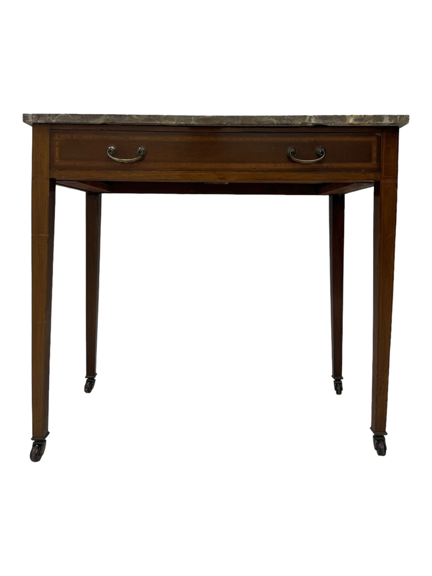 Edwardian inlaid mahogany wash stand or side table, variegated rouge marble top, fitted with single drawer with satinwood band, on square tapering supports with brass and ceramic castors  