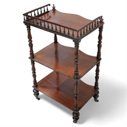 Victorian rosewood three-tier what-not or etagere, raised balustrade gallery top over three shaped tiers on turned supports, turned feet with brass cups and castors (W48cm, H83cm, D34cm); Georgian design mahogany dumbwaiter or what-not, two graduating circular moulded tiers on turned stem, three out splayed supports (W38cm, H77cm)