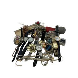 Single 9ct white gold earring, silver jewellery including enamel fob, Seiko 5 wristwatch and a collection of other jewellery and wristwatches 