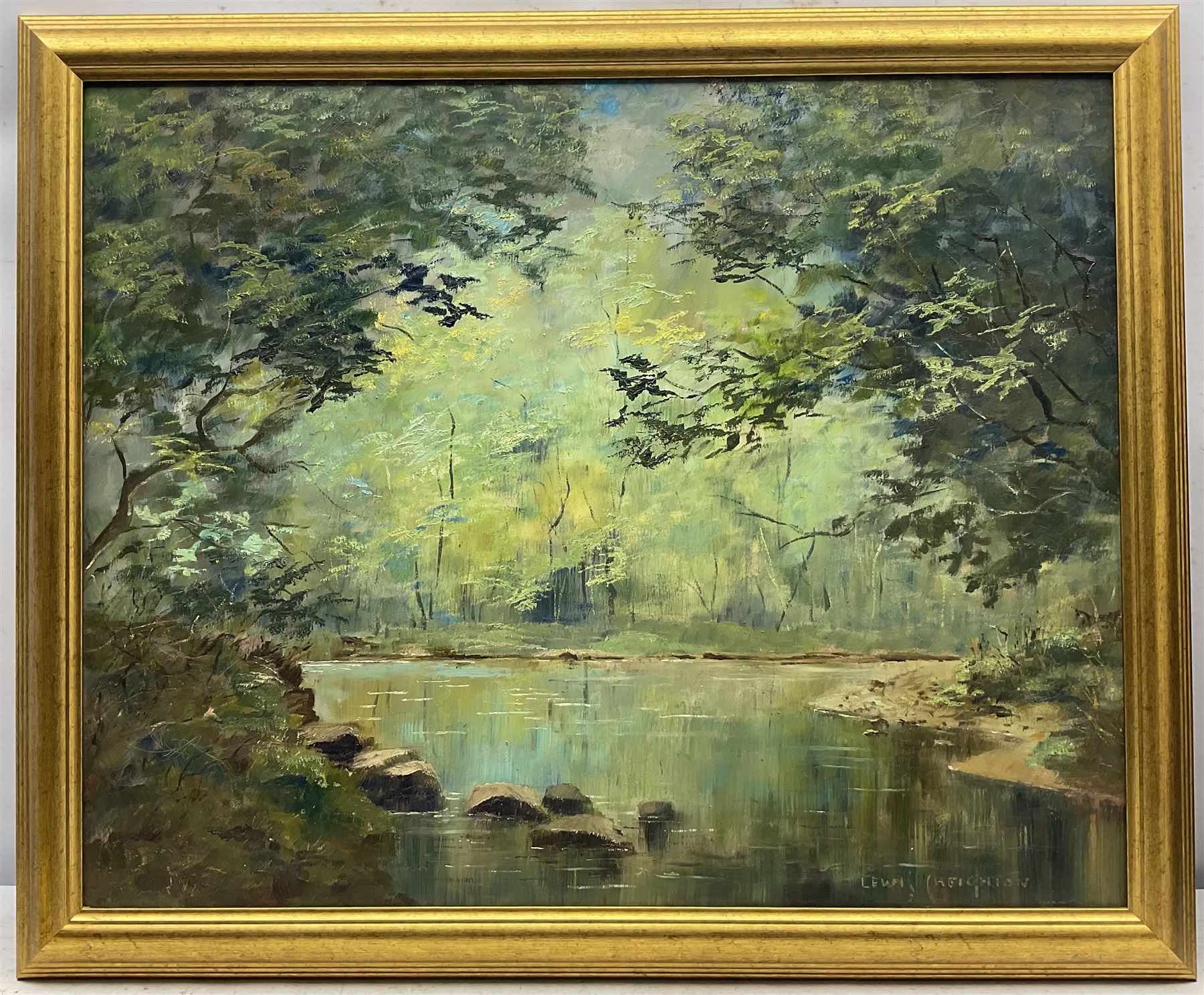 Lewis Creighton (British 1918-1996): Woodland Pond Scene and Moorland Landscape with Trees, two oils on board signed max 53cm x 66cm (2)