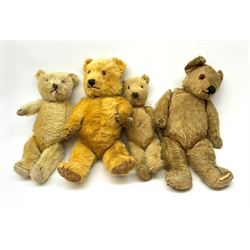 Four English teddy bears 1930s-50s including Chiltern type with swivel jointed head, glass eyes, vertically stitched nose and mouth and jointed limbs H17