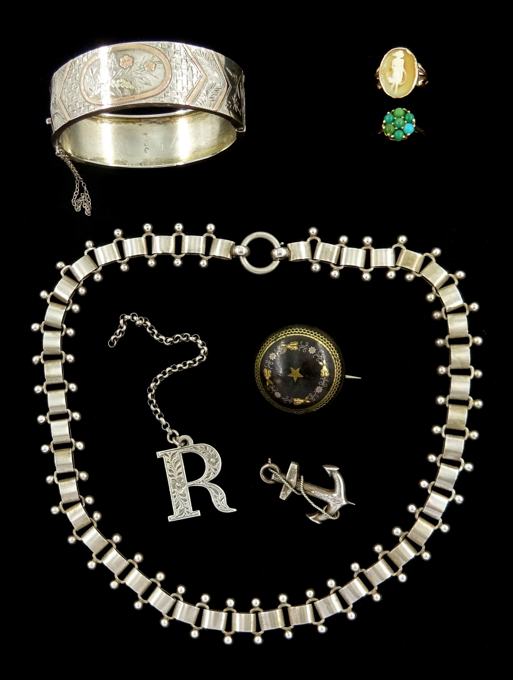 Victorian silver jewellery including book link necklace, Anchor brooch, hinged bangle with applied rose gold decoration and an 'R' pendant by George Unite, tortoise and pique work brooch, 9ct gold cameo ring and a later 9ct gold turquoise ring