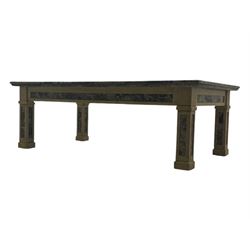 Rectangular coffee table, variegated marble top, on square supports with block feet 