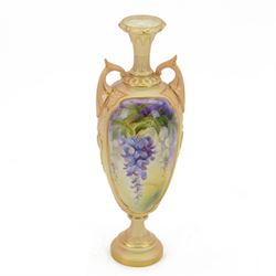 20th century Royal Worcester twin handled pedestal vase, the panels decorated with wisteri...