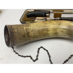 19th century horn powder flask, with chain handle, together with a cased antler handled carving set