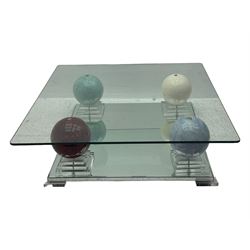 Barker & Stonehouse - contemporary glass coffee table, square top supported by four multicoloured marble spheres, each elevated on layered acrylic pedestal over mirrored base, on square clear supports