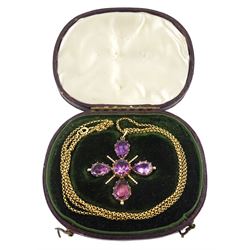 19th century gold foiled back amethyst pendant, on gold double link chain necklace, in fitted velvet and silk lined box