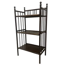 Arts and Crafts stained beech three tier etagere, three-quarter raised gallery back with bamboo style spindles