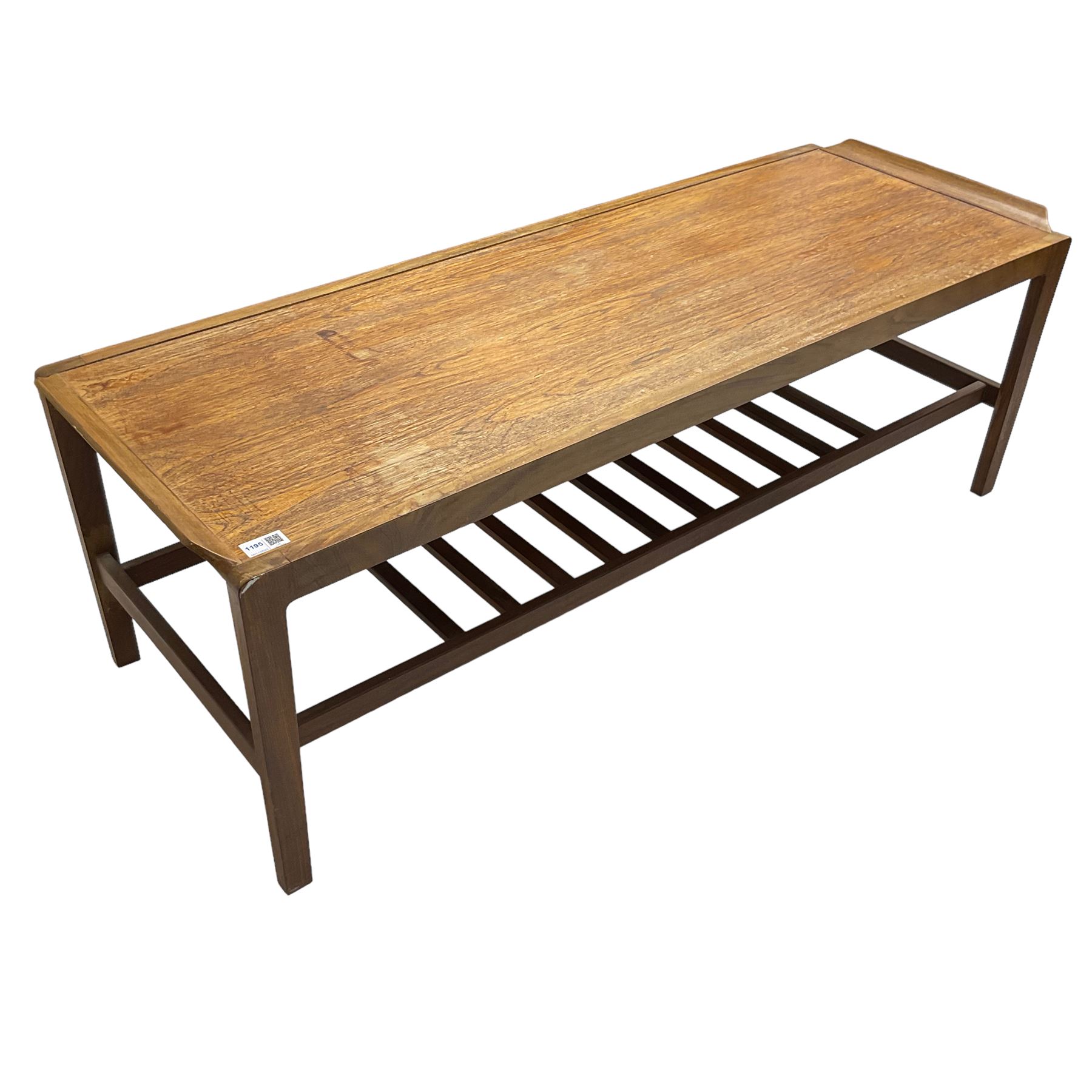 Remploy teak coffee table, rectangular top on tapering supports joined by under-tier