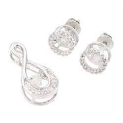 Pair of 14ct white gold round brilliant cut diamond halo cluster screw back stud earrings, with a suspended diamond to the centre, total diamond weight 0.30 carat and matching 14ct white gold pendant, total diamond weight 0.35 carat