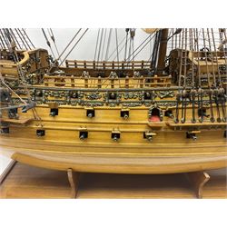 Large kit built scale model of 17th century Royal Navy warship 'HMS Sovereign of the Seas', upon wooden stand with engraved name plaque, H91cm, W111cm