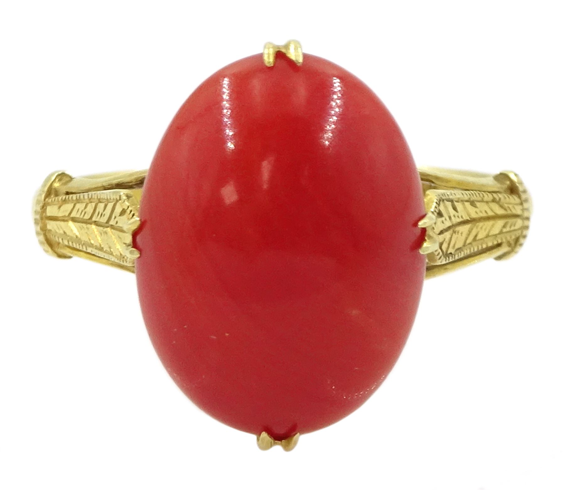 14ct gold single stone coral ring, stamped