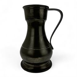 18th century large pewter measure, circa 1795, with strap handle, touch marks at the rim and base, H22cm