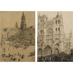 August Louis Lepere (French 1849-1918): 'Amiens Cathedral', drypoint etching signed in pencil 38cm x 26cm; Walter Zeising (German 1876-1933): Dresden Market - Germany, drypoint etching signed in pencil 29cm x 20cm (2)