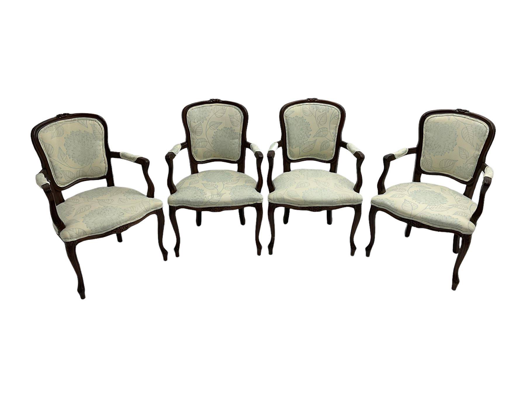 Set four French style stained beech elbow chairs, the cresting rails ...