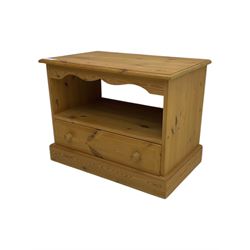 Pine television media unit, rectangular top with moulded edge, over open compartment and single drawer, on plinth base