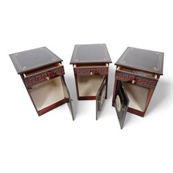 Set of three late 20th century Chinese design black lacquered bedside cabinets, fitted with single drawer with raised Greek key band, single cupboard below decorated with bird on floral branch 