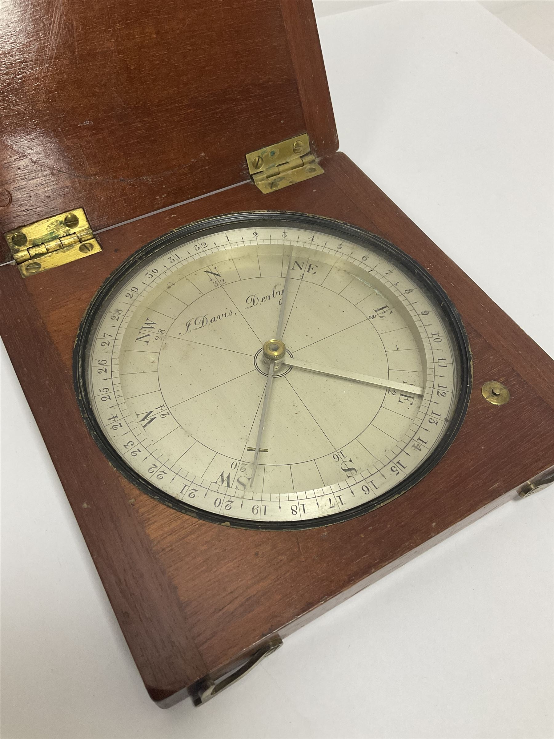 19th century thirty-two point surveyors compass, inscribed J. Davis Derby to the silvered dial, contained within a mahogany case, dial D11cm