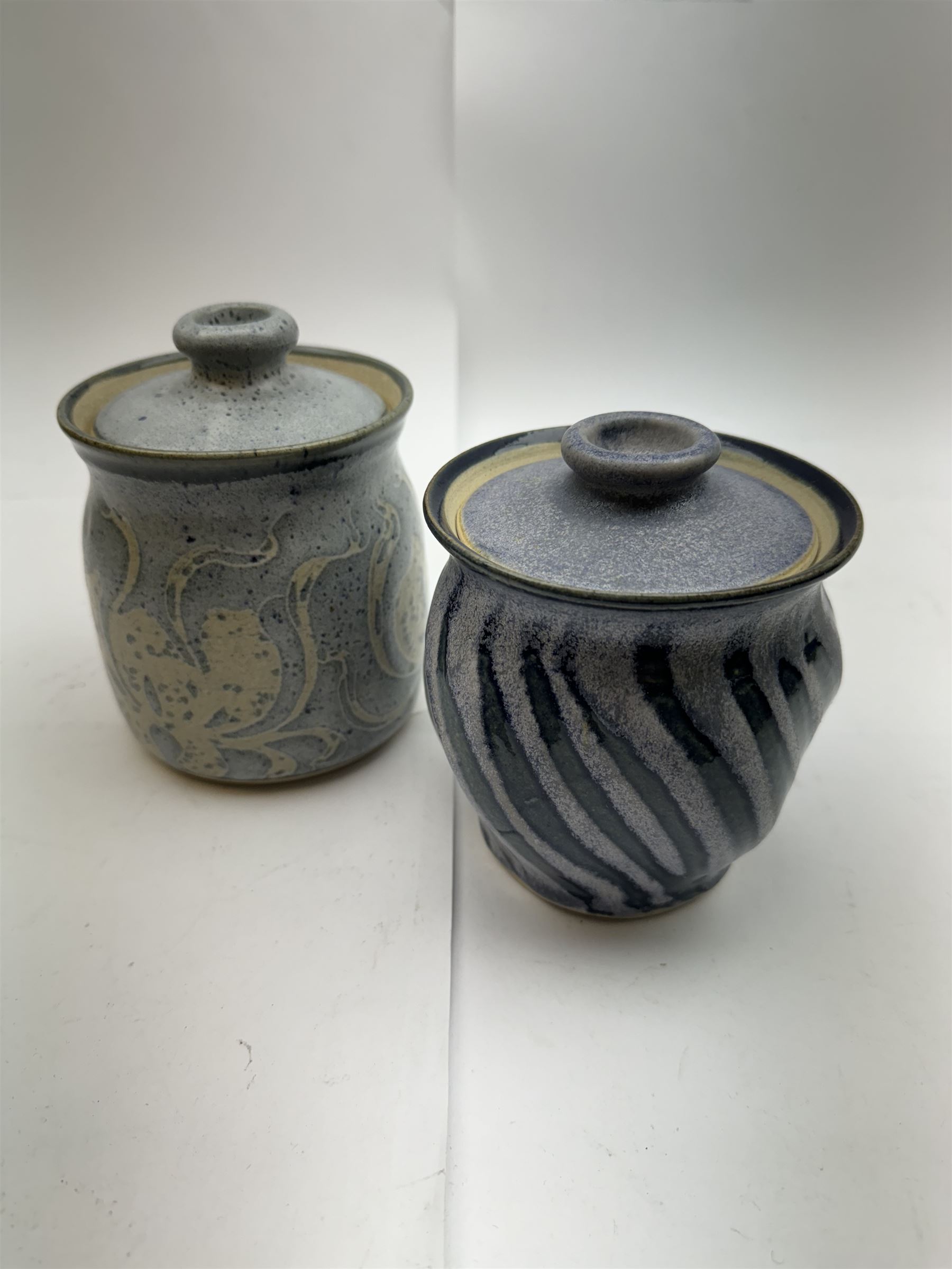 Jane Hamlyn studio pottery tankard and two John Egerton tea caddies, together with two studio pottery lamp bases, largest lamp base H34cm