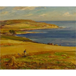 Owen Bowen (Staithes Group 1873-1967): Harvest Time on the Solway Firth Coast, oil on canvas signed 50cm x 60cm

