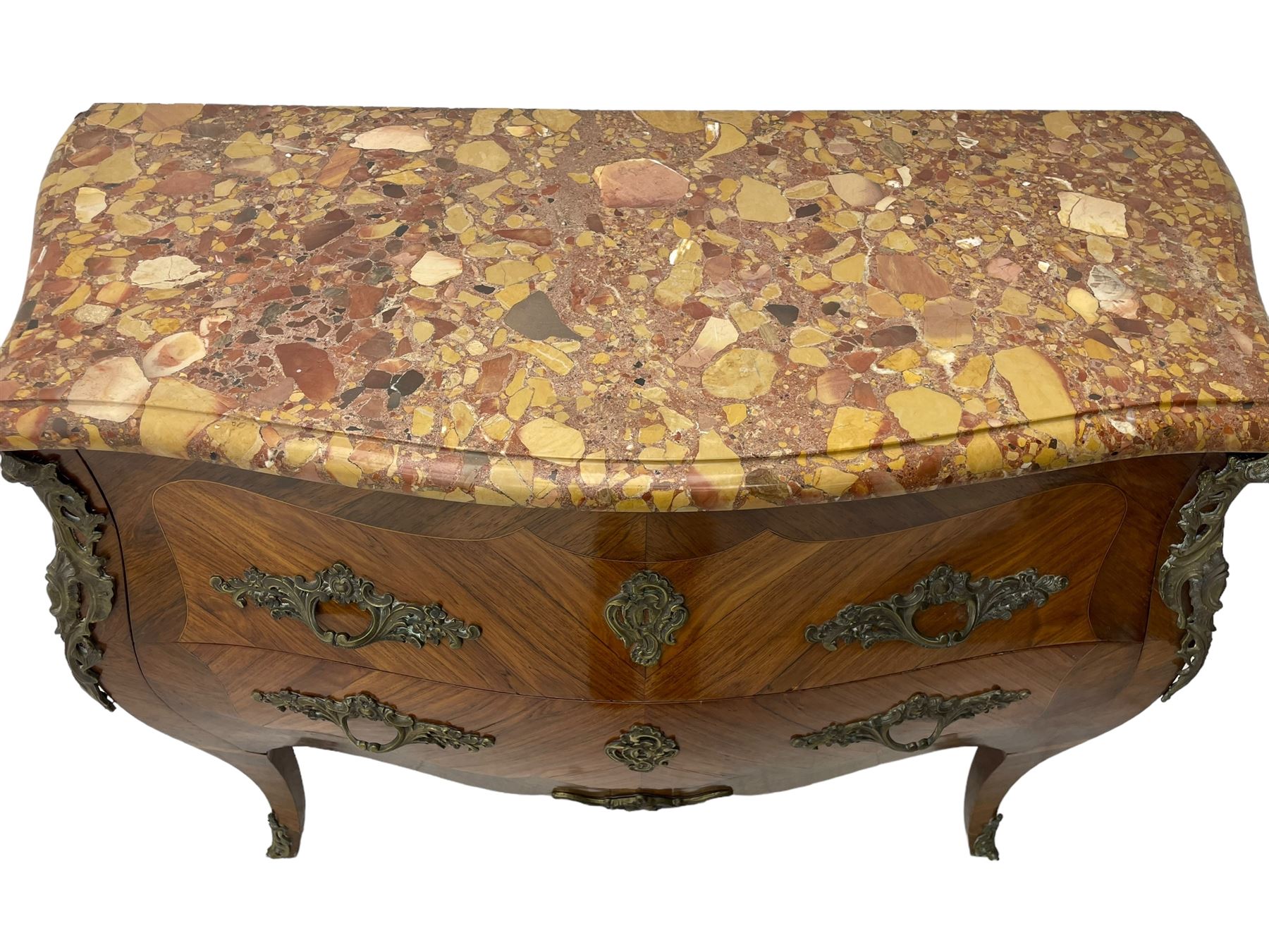 Late 20th century Louis XV design Kingwood and rosewood bombe commode chest, shaped ovolo-moulded variegated marble top, fitted with two drawers, scrolling foliate cast gilt metal handles and mounts