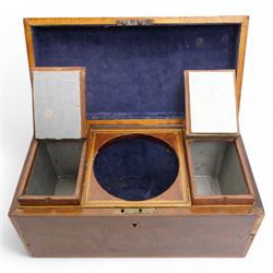 Early 19th century mahogany tea caddy crossbanded in satinwood, the interior with two covered containers and bowl recess W31cm