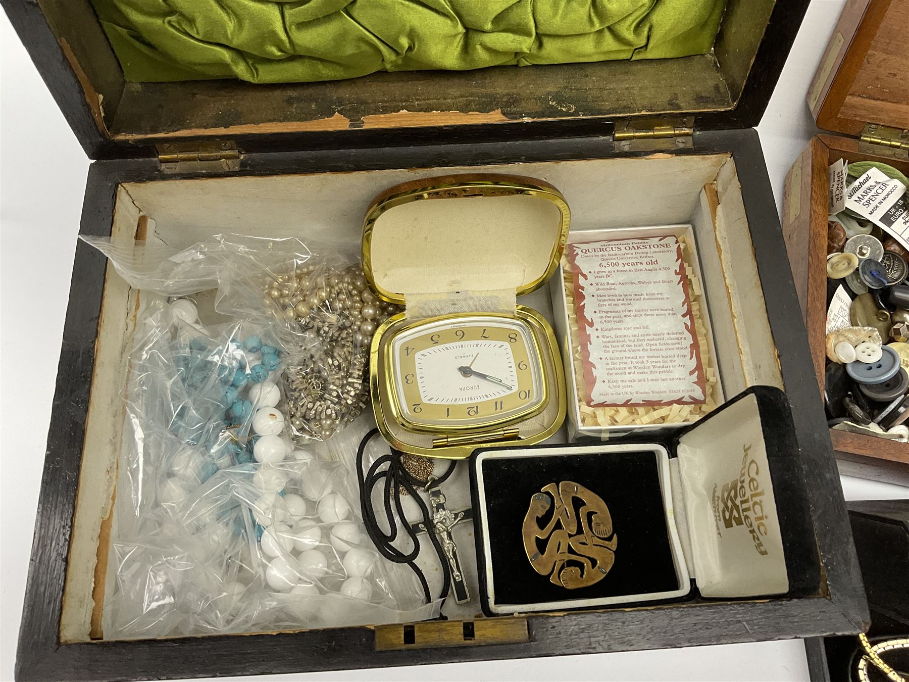 A collection of Vintage and later costume jewellery and wrist watches, to include a ladies Bulova bark effect watch, a silver brooch, hallmarked London import, boxed Webb Corbett paperweight, small Swarovski figure, together with a 19th century burr walnut box, a smaller brass bound mahogany box, etc. 