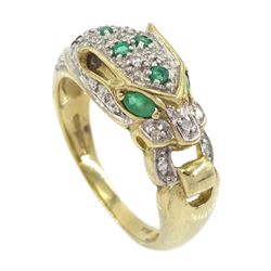 9ct gold emerald and pave set diamond leopard ring, hallmarked