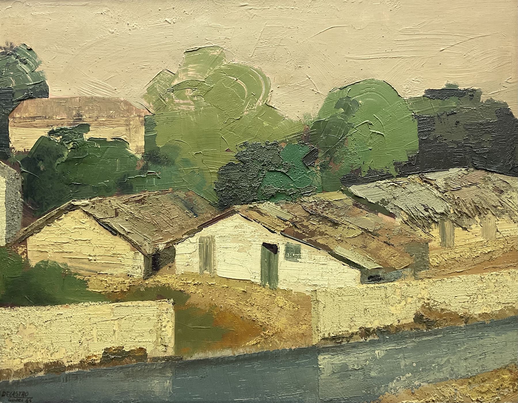 Decastro (Spanish 20th century): Houses at 'Toledo', impasto oil on board signed, titled and dated '49 verso 48cm x 62cm