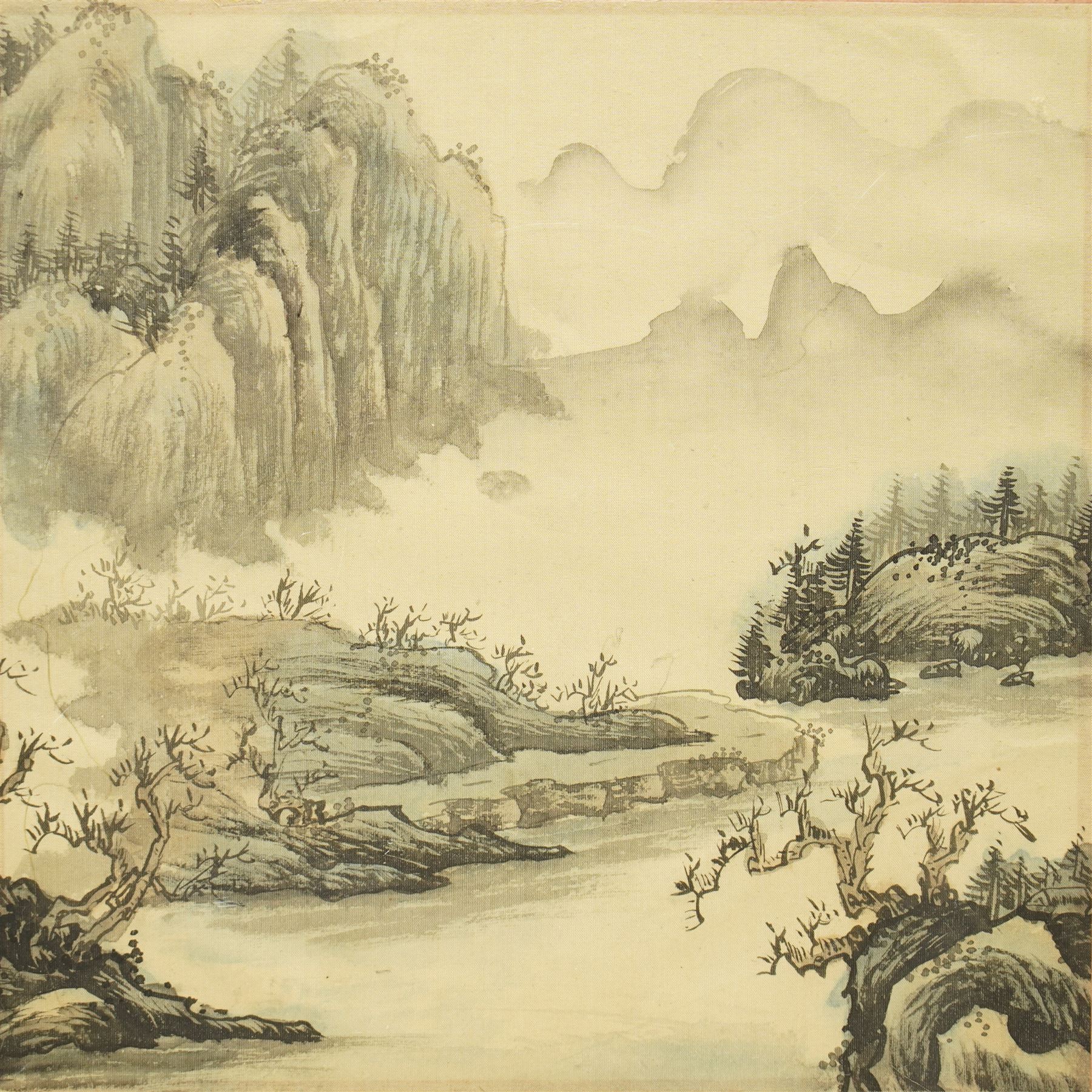 Chinese School (19th century): Mountainous Landscape with Temple and Trees, set three watercolours on silk unsigned 25cm x 25cm (3)