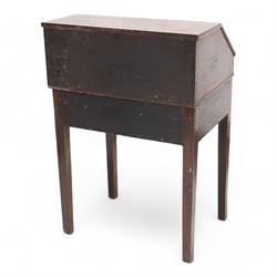 18th century oak campaign bureau, the removable top section enclosed by sloped lid, with fitted interior and carrying handles, on stand fitted with single drawer on square tapering supports