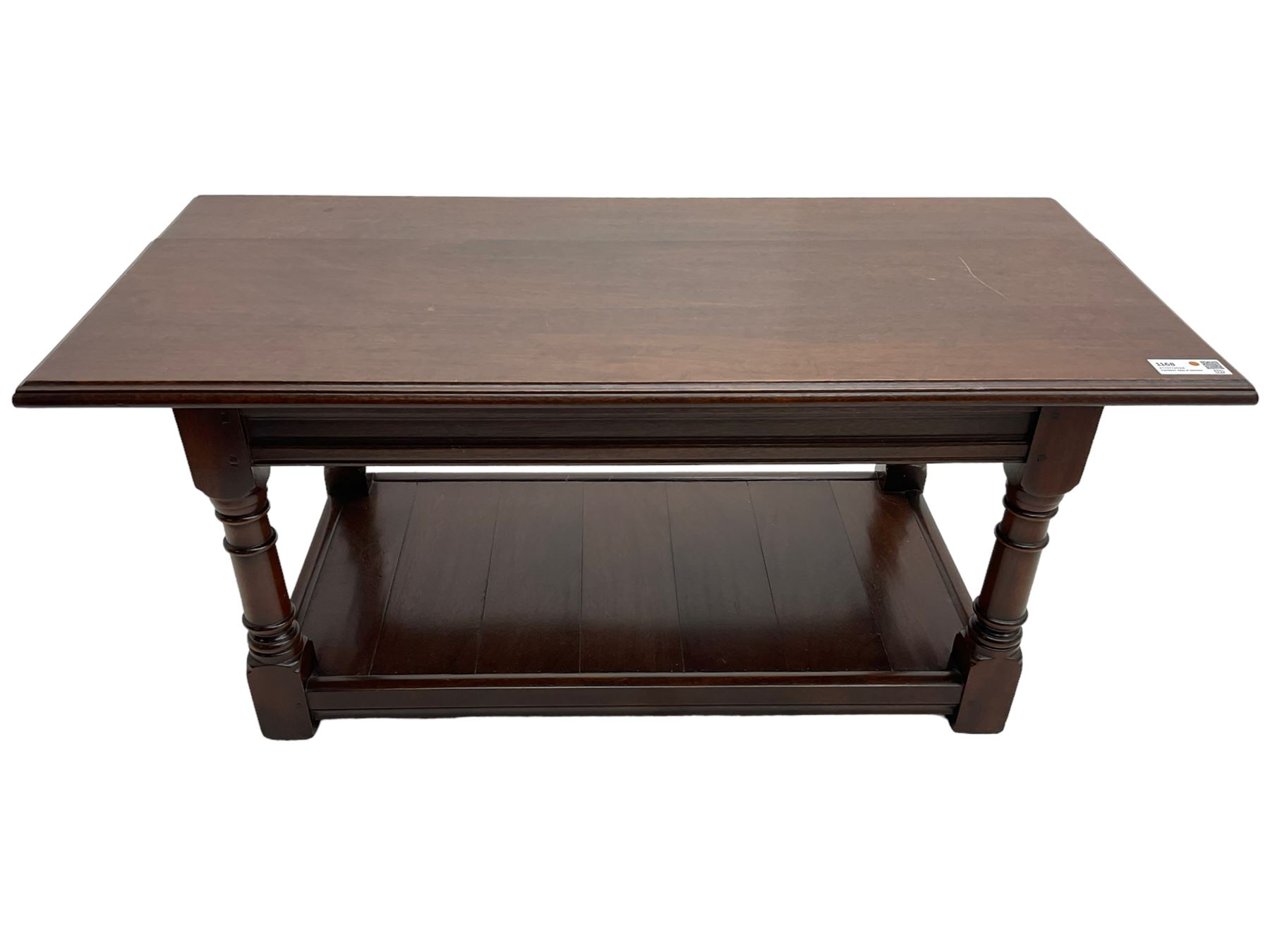 Rectangular mahogany coffee table, moulded rectangular top, turned supports united by undertier 