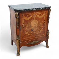 20th century French Kingwood and gilt metal mounted side cabinet, moulded green variegated marble top over single cupboard, enclosed by marquetry inlaid single door, the oval panel depicting urn and bridge in garden landscape, surrounded by fruiting laurel wreath and enclosed by draped linen swags, decorated with trailing leafy branches and flower heads, canted corners with scroll and acanthus leaf cast mounts decorated with laurel swags, curled acanthus leaf lower mounts terminating to scrolled terminal caps, the interior fitted with single shelf 