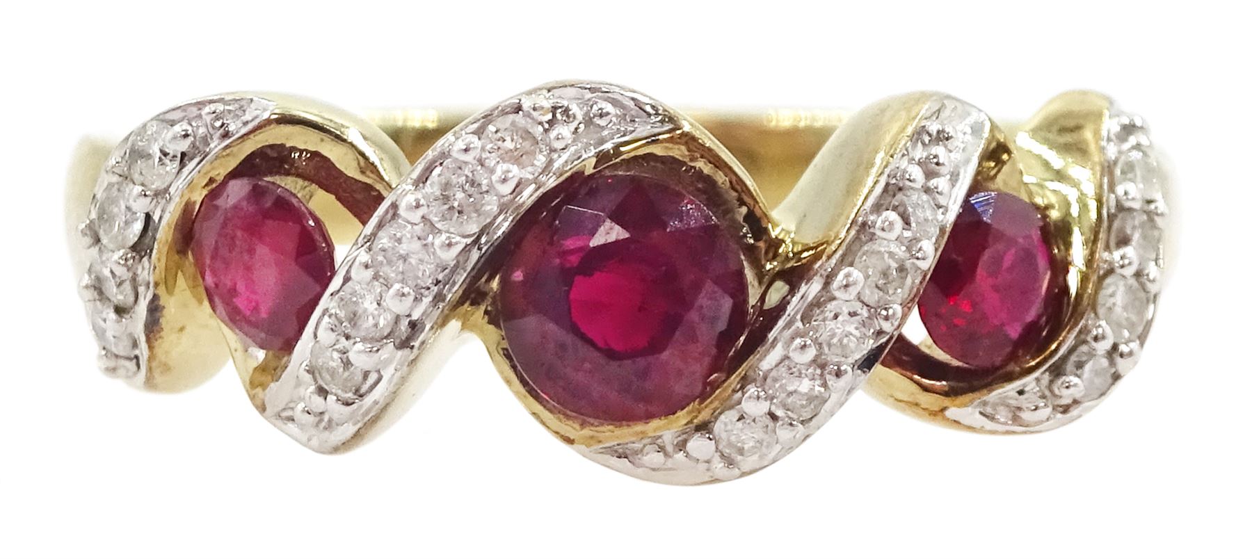 9ct gold three stone ruby and diamond crossover ring, hallmarked