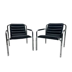 Baroumand Designs - pair of mid 20th century modernist armchairs, slung black leather seat with horizontal channel tufting, tubular chrome frame with curved arms, raised on tubular supports