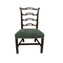 Set of twelve (10+2) Chippendale revival stained beech dining chairs, pierced waived ladder backs with over-stuffed over seats, on square moulded supports joined by stretchers