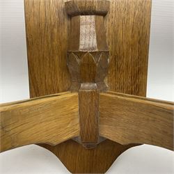 Wrenman - set of three oak two-branch wall light sconces, shaped plaque carved with wren signature, faceted half column with two projecting shaped branches, by Bob Hunter, Thirlby, Thirsk