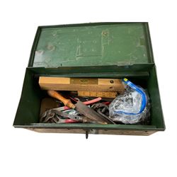 Green tin box of tools, including saws, spanners etc