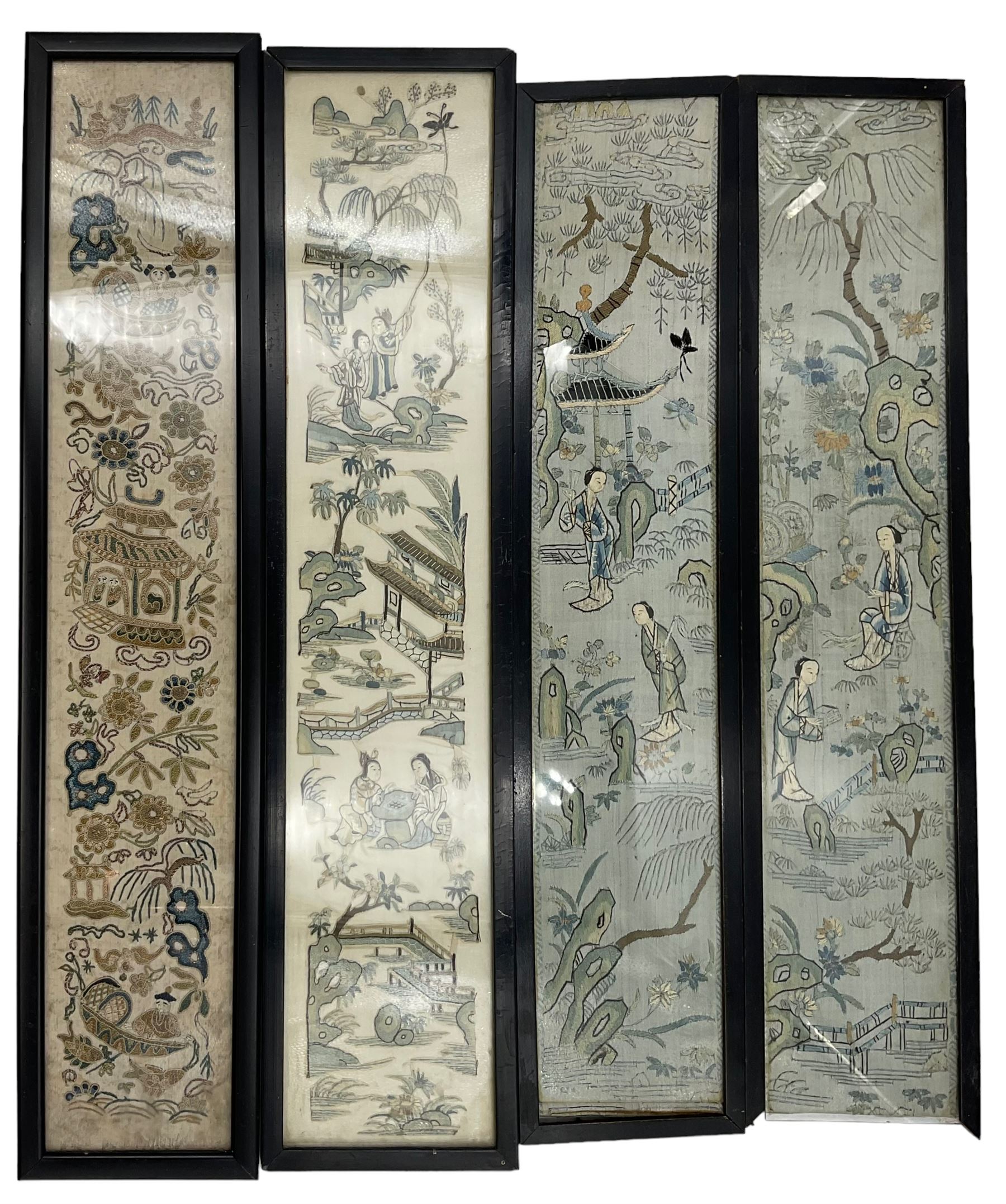 Four framed Chinese narrow tapestries, depicting figures in landscapes, and another two similar unframed, frames H50cm W10cm