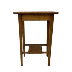 Victorian mahogany work table, rectangular top with rounded corners over single frieze drawer, on turned pedestal with three shaped splayed supports (W50cm, H75cm, D37cm); oval mahogany two-tier occasional table (60cm x 43cm, H65cm); figured walnut lamp table fitted with drawer; oak two-tier stand or side table (48cm x 34cm, H68cm) (4)